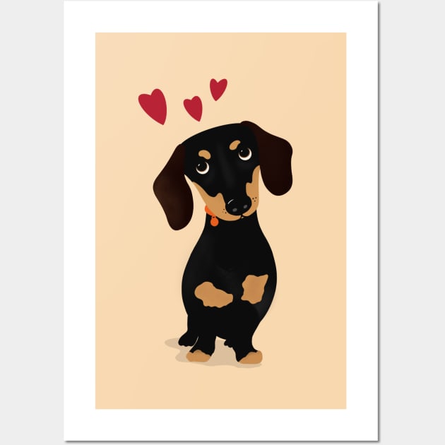 Cute Cartoon Dachshund with Three Red Hearts Wall Art by NattyDesigns